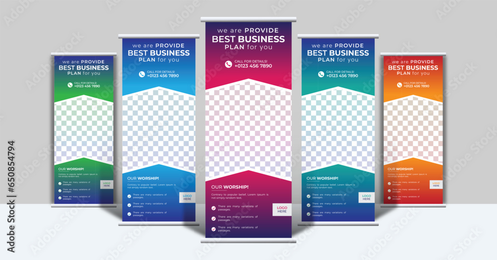 Corporate roll up banner stand design. Business marketing and advertising x banner, pop up, pull up template. 5 color and 5 bundle layout 2023. - obrazy, fototapety, plakaty 