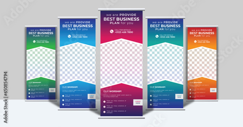 Corporate roll up banner stand design. Business marketing and advertising x banner, pop up, pull up template. 5 color and 5 bundle layout 2023.