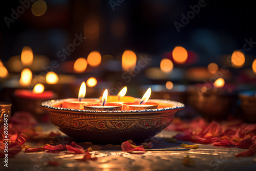 Diwali celebration icons set with burning candles. Beautiful Diwali celebration background.