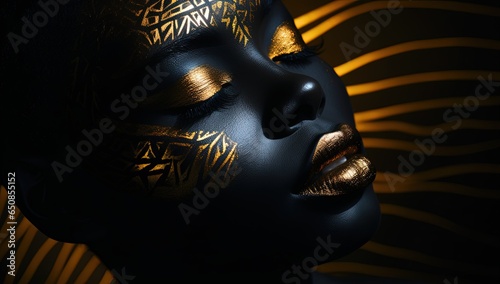 close up cosmetic fashion face shot of African dark skin woman wearing golden make up glow in metallic color, Generative Ai