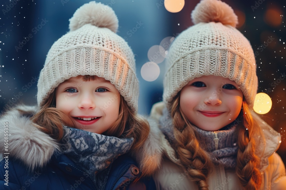 A joyful winter scene: Siblings, a little girl and her brother, sharing warmth and love in the snow. A joyful winter scene: Siblings, a little girl and her brother, sharing warmth and love in the snow.