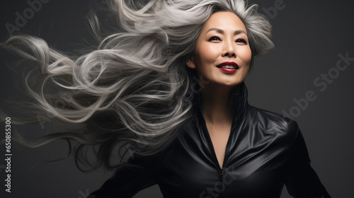 Portrait of senior mature middle aged lady with long gray natural coloring vibrant silky hair.