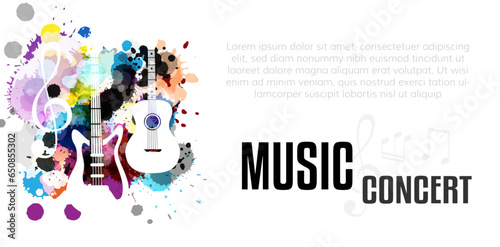 Music festival concept. Live music concert. Horizontal vector poster with guitars and paint splash design elements