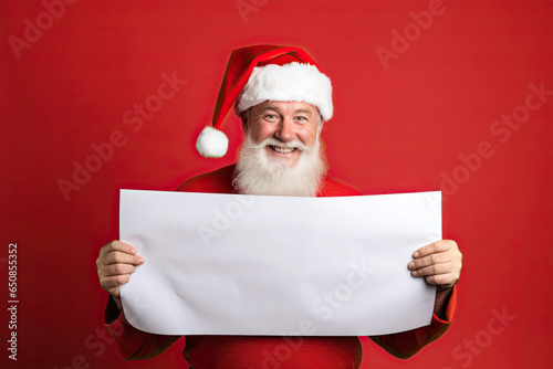 Senior Santa Claus with a positive expression holding a blank Christmas billboard © Andrii Zastrozhnov