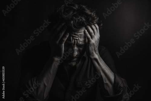 A man with depression desperately holds his head with both hands, mental health, help photo