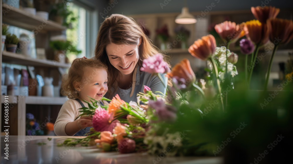 Portrait of a woman with a child choosing a bouquet in a flower store