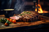Grilled meat on wooden plate with smoke. Tenderloin fillet beef meat Steak. Restaurant menu, cookbook recipe top view.