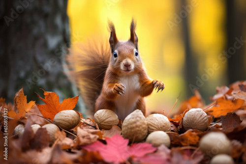 Squirrel collecting and storing nuts amidst a backdrop of colorful autumn leaves © thejokercze