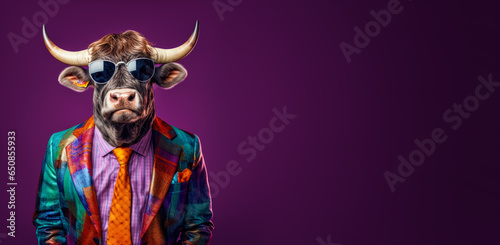 Cool looking bull with horns wearing funky fashion dress - jacket, tie, glasses. Wide banner with space for text right side. Stylish animal posing as supermodel. Generative AI