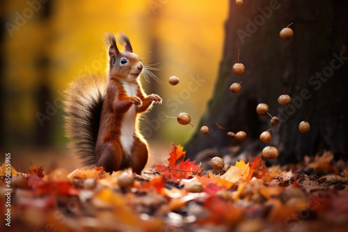 Squirrel collecting and storing nuts amidst a backdrop of colorful autumn leaves
