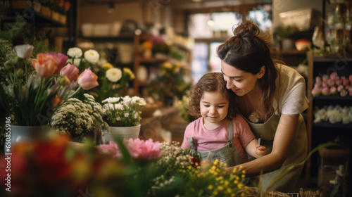 Portrait of a woman with a child choosing a bouquet in a flower store