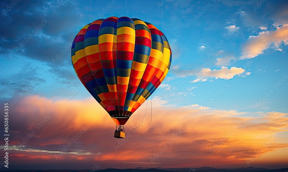 Obraz premium Hot air balloon during a sunset, colorful balloon travel concept, new experiences.
