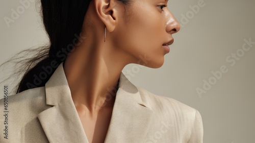 Fashion beige minimalist background with african american model, styling, young professional model