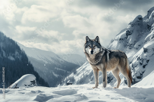 Lone wolf traversing a snowy wilderness