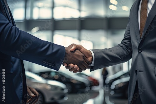 Car salesman closing deal and selling a new car to another man. Handshaking the new deal.