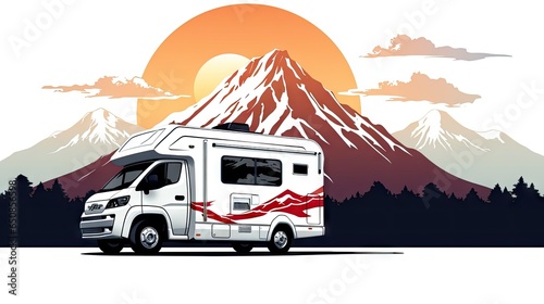 Big camper van concept travel illustration. Mountain holiday, connecting to nature.