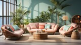 Modern living room with pastel colors furniture, retro modern styling. Cozy warm home.