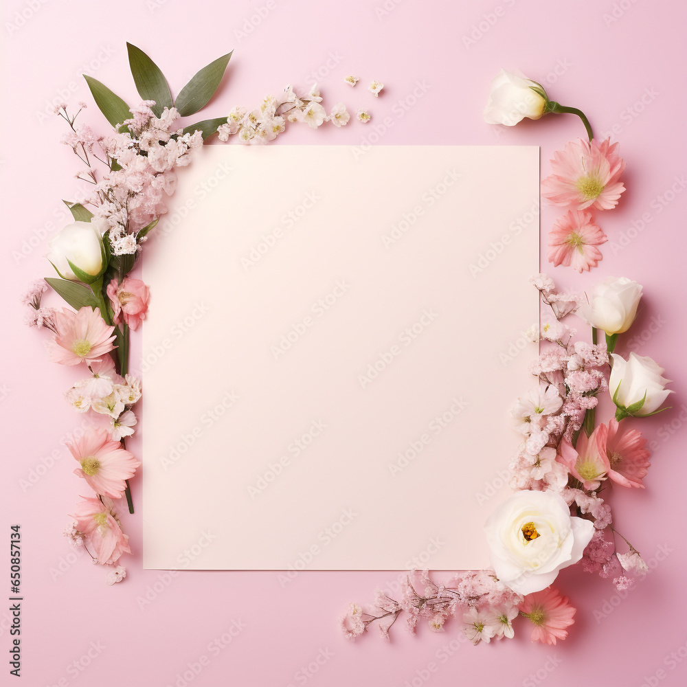 Banner with flowers on light pink background, composition with copy space