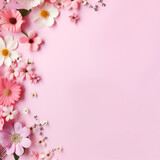 Banner with flowers on light pink background, composition with copy space