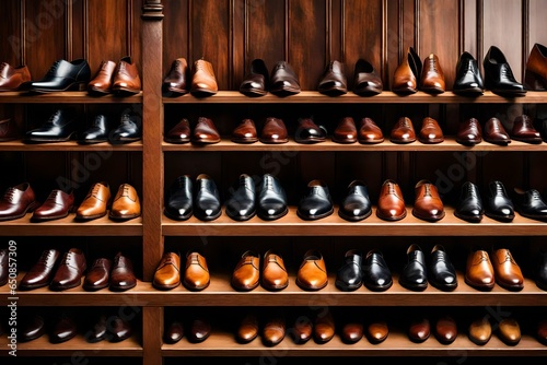 A row of elegant, handcrafted leather shoes displayed on a polished wooden shelf.