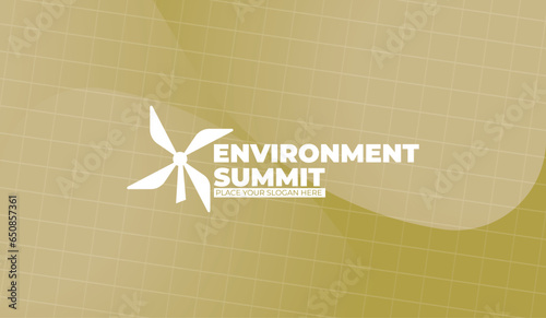 Logo graphic design of Windmill shape and text - annual event summit. Background and title made for the Environment theme - climate change and environment issues, global warming