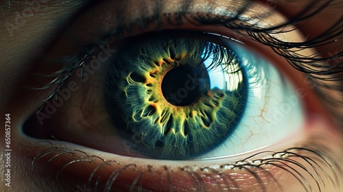 Colorful eye close up, surreal iris, cinematic tones.