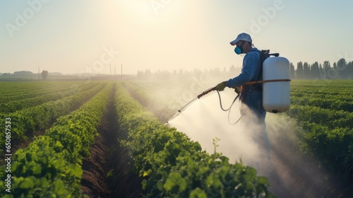 farmer with a mist sprayer blower processes the potato plantation from pests and fungus infection photo