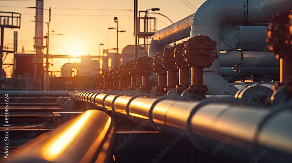 Pipe lines on an oil factory refinery during a sunset, copy space, new resources and energy concept. Pipe lines on an oil factory refinery during a sunset, copy space, new resources and energy concept.