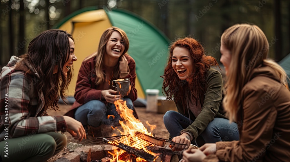Diverse group of young female friends talking together while a doing a campfire. Bonding together