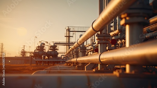Pipe lines on an oil factory refinery during a sunset, copy space, new resources and energy concept.