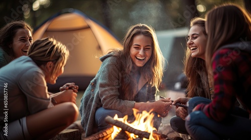 Group of women having fun camping at campsite making a fire. Laughing and bonding together  joyfull