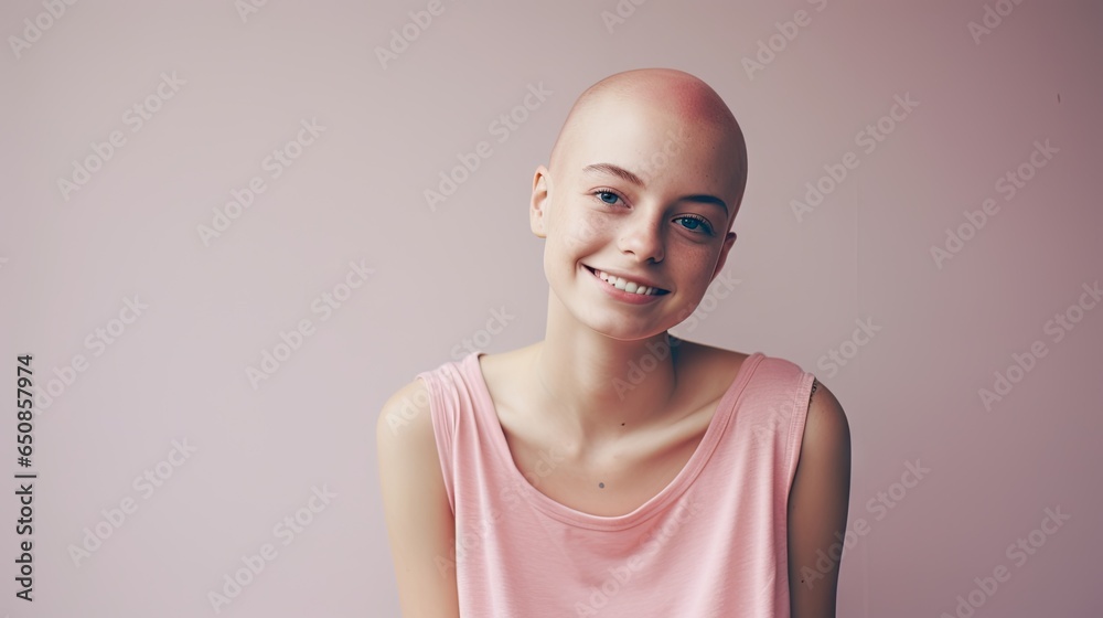 Obraz premium Studio image of a happy cancer woman patient, pink background, awareness and charity concept.