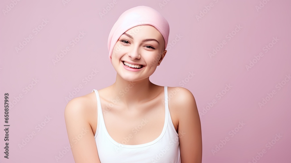 Studio image of a happy cancer woman patient, pink background, awareness and charity concept. Studio image of a happy cancer woman patient, pink background, awareness and charity concept.