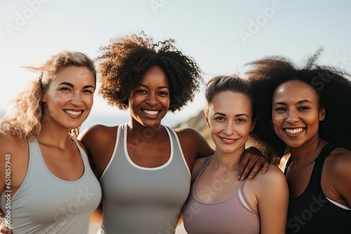 Diverse group of 40yo woman training together in the street, portrait smiling to camera.Healthy life