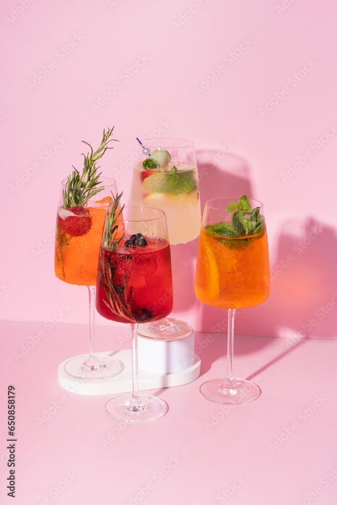Set of colourful summer alcoholic cocktails with ice. Relaxing refreshing drinks for hot summer Set of colourful summer alcoholic cocktails with ice. Relaxing refreshing drinks for hot summer