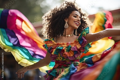 Mexican woman dancing during celebration, national mexico day concept, mixed race ethnic diversity