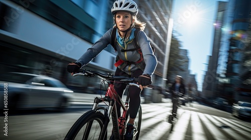 Woman riding a bike in the city heading to the work office business. fast live in the city