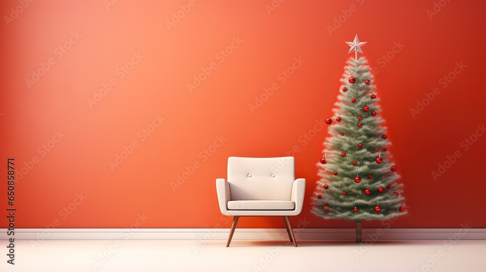 minimal style background, Christmas tree in living room with a white armchair, mockup idea, Generative Ai minimal style background, Christmas tree in living room with a white armchair, mockup idea, Generative Ai