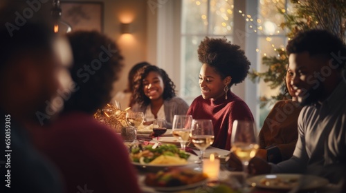 Thanks giving African American family with her sons and grandparents at dining table. Christmas