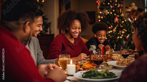 African american family dinner during thanksgiving day. Happy people eating together laughing