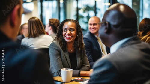 Black woman in office meeting and happy about the news, business woman