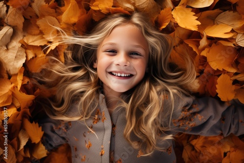 Child over autumnal leaf happy smiling to camera, blonde long hair kid. Close up portrait © Banana Images
