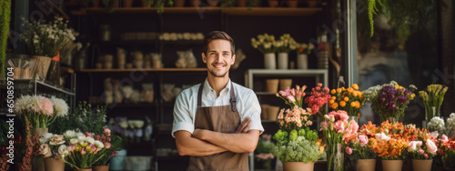Smiling man in apron with crossed arms standing against his flower shop