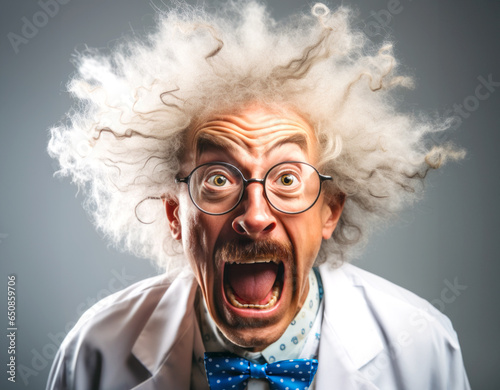 A character portrait of a mad scientist with wild hair and a lab coat, caught in a moment of surprise and alarm. The image humorously captures the essence of this iconic, quirky persona. photo