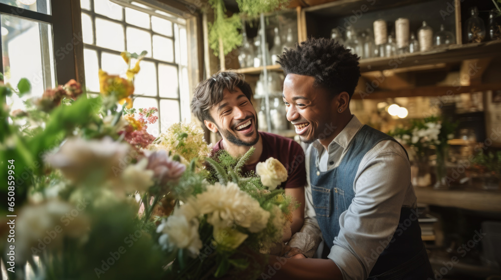 Portrait of two happy men working in flower shop
