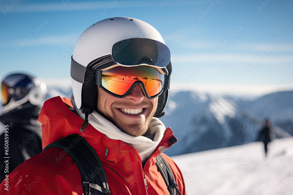 Portrait of man at the ski resort on the background of mountains and sky Portrait of man at the ski resort on the background of mountains and sky