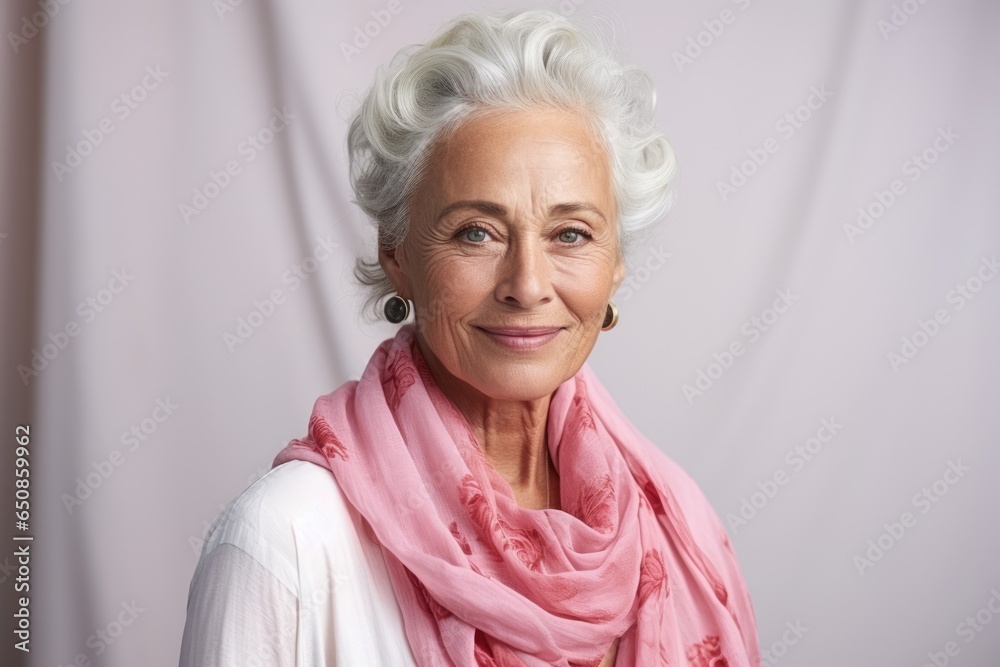Handsome white hair woman smiling happy in studio smiling camera, trendy clothes fashion concept.