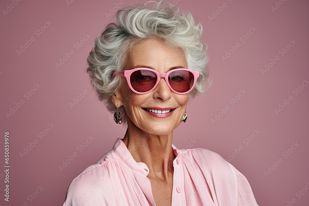 Handsome white hair woman smiling happy in studio smiling camera, trendy clothes fashion concept.