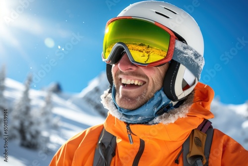 Portrait of man at the ski resort on the background of mountains and sky