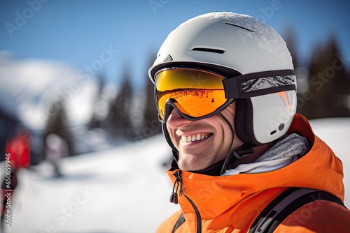 Portrait of man at the ski resort on the background of mountains and sky © Banana Images